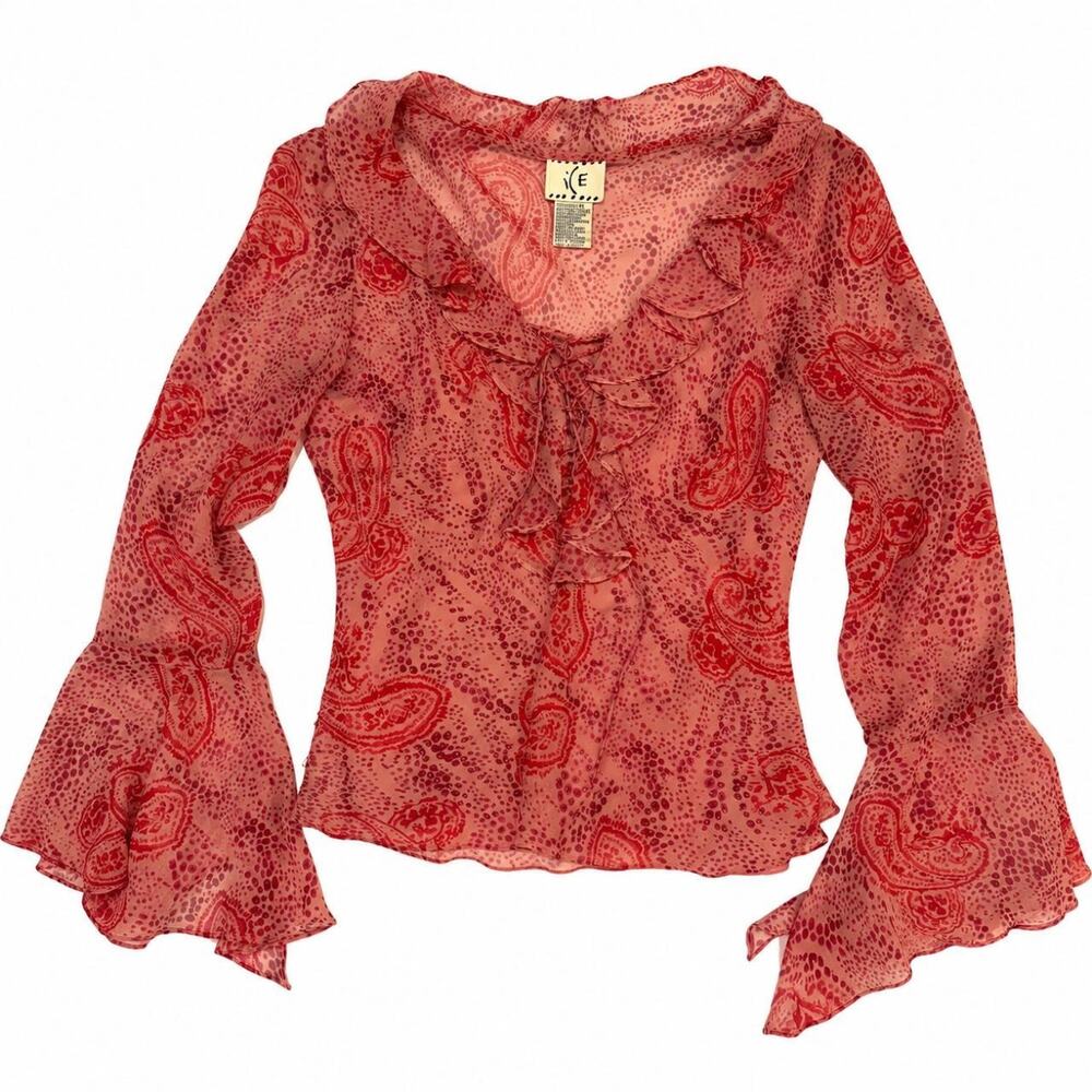 Vintage ICE Silk Beaded Paisley Pink Bell Sleeve Blouse